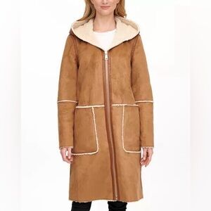 DKNY Long Hooded Shearling Camel Coat